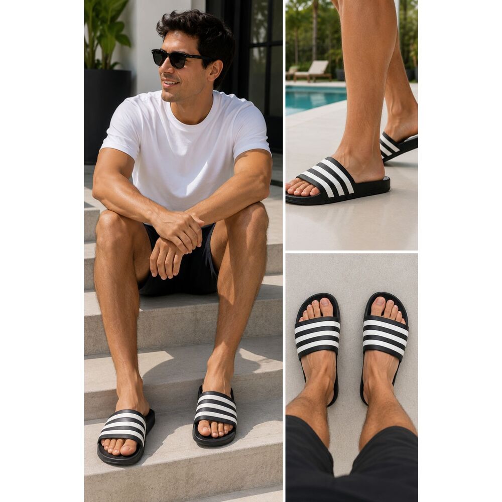 Adidas Adilette Comfort Black White 3-Stripe Slide Sandals Men's US 12